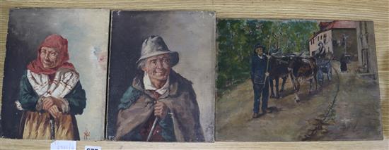 Italian School c.1900, pair of oils on canvas, Portraits of an elderly couple, 25 x 20cm and an oil of a bullock cart, 24 x 33cm, all u